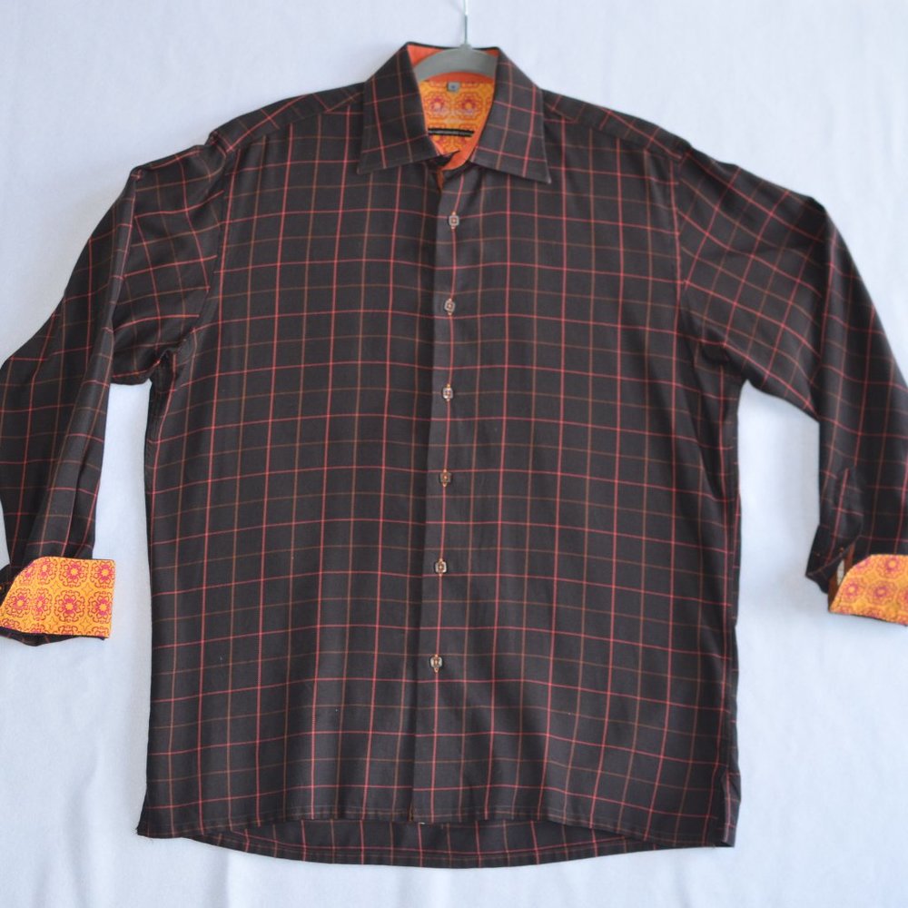 VISCONTI UOMO MENS Flip Cuff BUTTON SHIRT LONG SLEEVED BROWN/ ORANGE PLAID 2 PLY